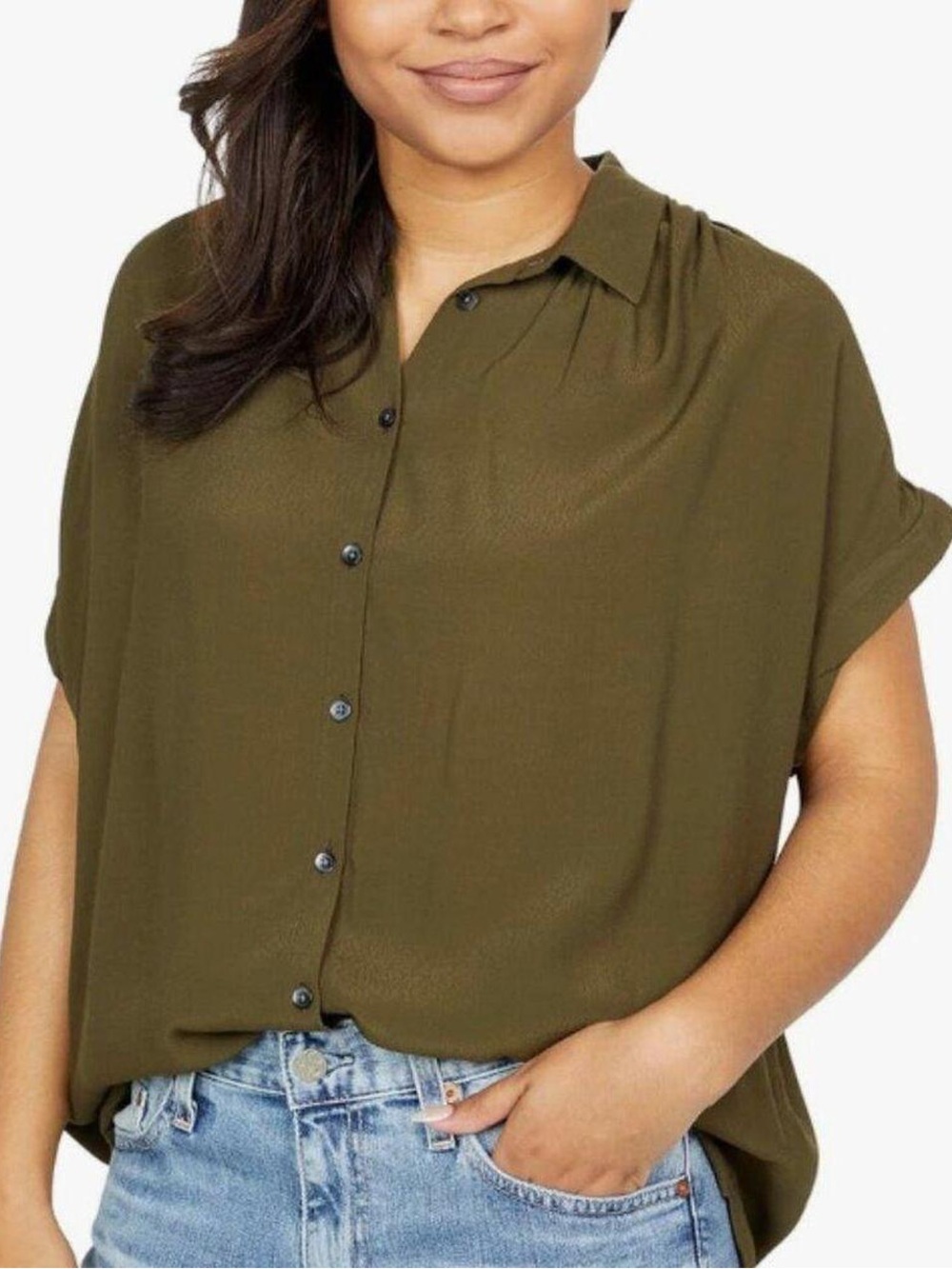 Madewell Central Olive Green  Short Sleeve Blouse  MEDIUM EUC